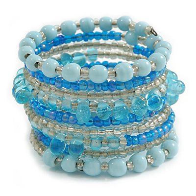 Wide Coiled Ceramic, Glass Bead Bracelet (Light Blue, Transparent) - Adjustable
