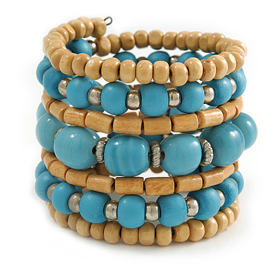 Wide Coiled Ceramic, Acrylic, Wood Bead Bracelet (Light Blue, Natural) - Adjustable - main view