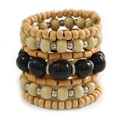 Wide Coiled Ceramic, Acrylic, Wood Bead Bracelet (Black, Natural) - Adjustable - main view