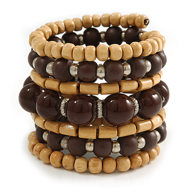 Wide Coiled Ceramic, Acrylic, Wood Bead Bracelet (Brown, Natural) - Adjustable - main view