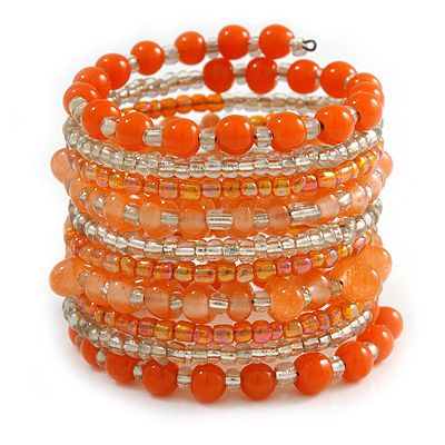 Wide Coiled Ceramic, Glass Bead Bracelet (Orange, Transparent) - Adjustable - main view