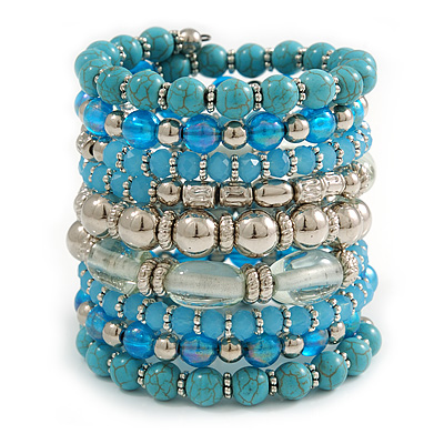Wide Coiled Ceramic, Acrylic, Glass Bead Bracelet (Light Blue, Turquoise, Silver, Transparent) - Adjustable - main view