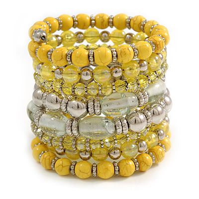 Wide Coiled Ceramic, Acrylic, Glass Bead Bracelet (Lemon Yellow, Silver, Transparent) - Adjustable - main view