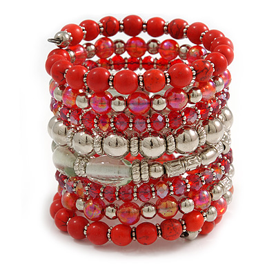 Wide Coiled Ceramic, Acrylic, Glass Bead Bracelet (Red, Silver, Transparent) - Adjustable - main view