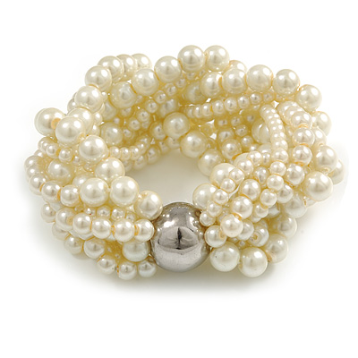 Wide Chunky Cream Glass Bead Multistrand Plaited Bracelet - Medium up to 18cm Long - main view