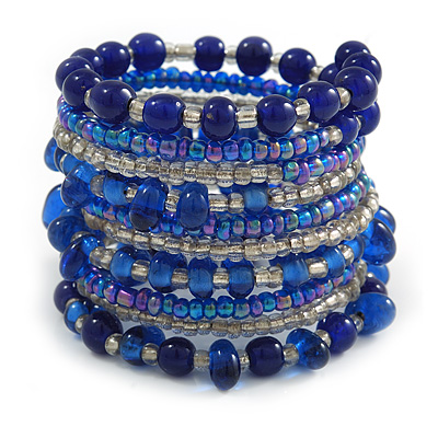 Wide Coiled Ceramic, Glass Bead Bracelet (Royal Blue, Transparent) - Adjustable