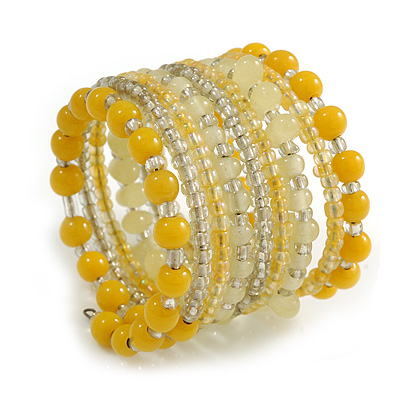 Wide Coiled Ceramic, Glass Bead Bracelet (Lemon Yellow, Lemonade Yellow, Transparent) - Adjustable