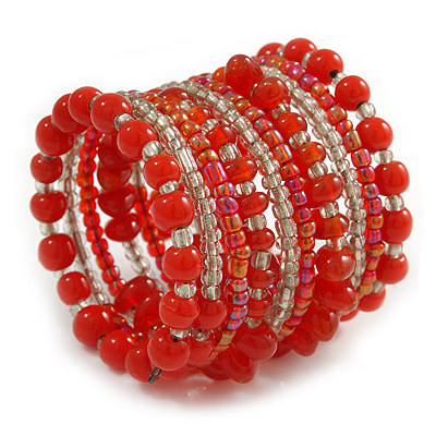 Wide Coiled Ceramic, Glass Bead Bracelet (Red, Carrot, Transparent) - Adjustable - main view