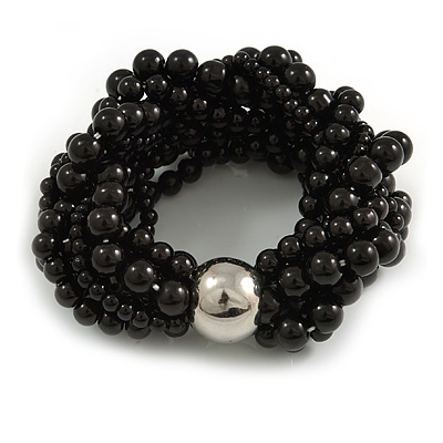 Wide Chunky Black Ceramic Bead Multistrand Plaited Bracelet - Medium up to 18cm Long - main view