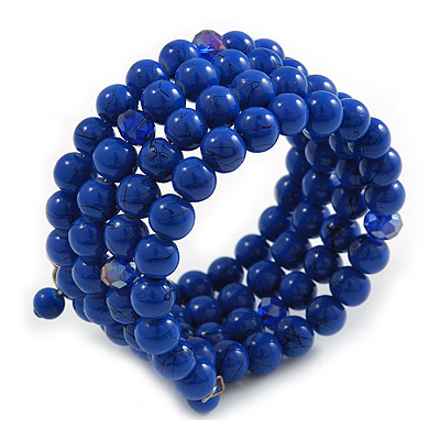 Royal Blue Ceramic Bead Coiled Flex Bracelet - Adjustable - main view