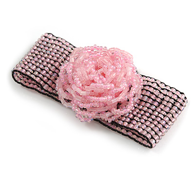 Statement Beaded Flower Stretch Bracelet In Light Pink - 18cm L - Adjustable - main view