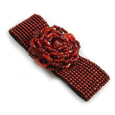 Statement Beaded Flower Stretch Bracelet In Ox Blood/ Red Colour - 18cm L - Adjustable - main view