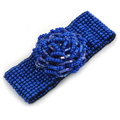 Statement Beaded Flower Stretch Bracelet In Blue - 18cm L - Adjustable