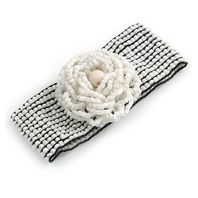 Statement Beaded Flower Stretch Bracelet In White - 18cm L - Adjustable - main view