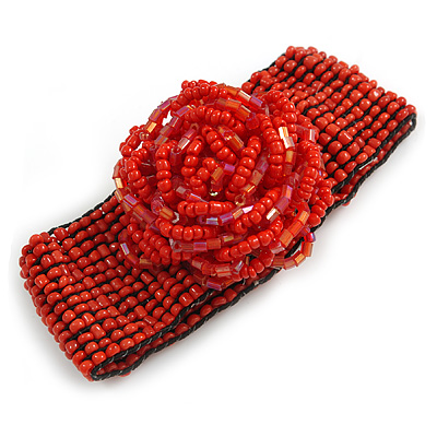 Statement Beaded Flower Stretch Bracelet In Red - 18cm L - Adjustable - main view
