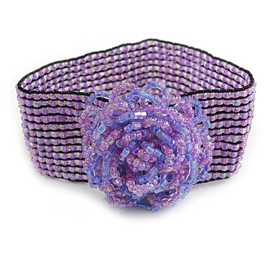 Statement Beaded Flower Stretch Bracelet In Lavender - 18cm L - Adjustable