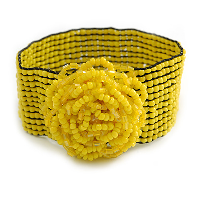 Statement Beaded Flower Stretch Bracelet In Yellow - 18cm L - Adjustable - main view