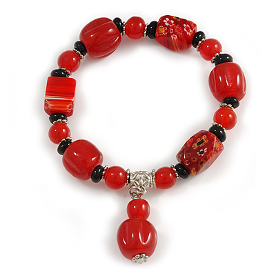Red/ Black Glass and Ceramic Bead Charm Flex Bracelet - 19cm Long - main view