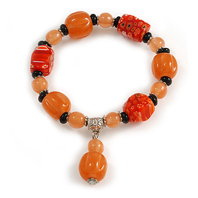 Orange/ Black Glass and Ceramic Bead Charm Flex Bracelet - 19cm Long - main view