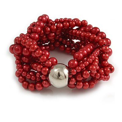 Wide Chunky Red Glass Bead Multistrand Plaited Bracelet - size S/M - main view