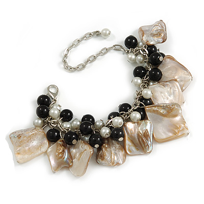 Antique White/ Black Simulated Pearl Bead & Shell Component Charm Bracelet (Silver Tone) - 15cm Long/ 7cm Ext - main view