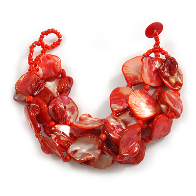 Chunky Multistrand Shell-Composite Beaded Bracelet In Red - 18cm Long