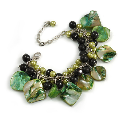 Green/ Black Simulated Pearl Bead & Shell Component Charm Bracelet (Silver Tone) - 15cm Long/ 7cm Ext - main view