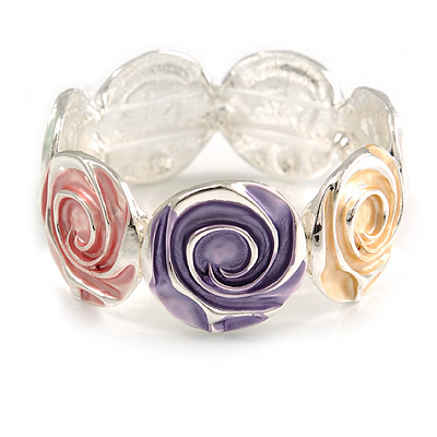 Pastel Multi Enamel Rose Flower Flex Bracelet In Silver Tone - 18cm Long - main view