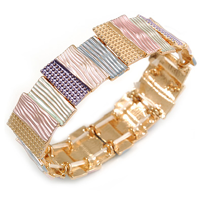 Pastel Multi Enamel Geometric Hammered Flex Bracelet In Gold Tone - 20cm Long
