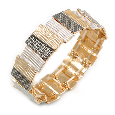 Grey/ Gold/ Metallic Silver Enamel Geometric Hammered Flex Bracelet In Gold Tone - 20cm Long - main view
