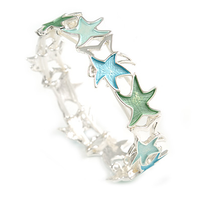 Pastel Green/ Light Blue Enamel Starfish Flex Bracelet in Silver Tone - 20cm Long - main view