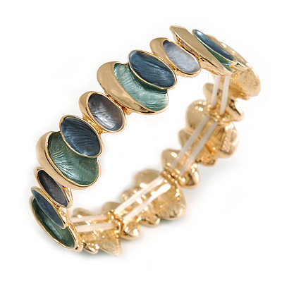 Teal Green/ Blue/ Grey Enamel Oval Cluster Textured Flex Bracelet In Gold Tone - 18cm Long - main view