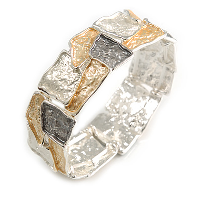 Gold/ Grey/ Metallic Silver Enamel Geometric Hammered Flex Bracelet In Silver Tone - 20cm Long - main view