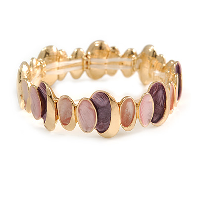 Pink/ Purple Enamel Oval Cluster Textured Flex Bracelet In Gold Tone - 18cm Long - main view
