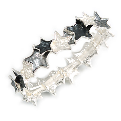Dark Grey/ Grey/ Metallic Enamel Star Flex Bracelet in Silver Tone - 20cm Long - main view