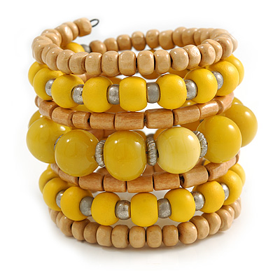 Wide Coiled Ceramic, Acrylic, Wood Bead Bracelet (Yellow/ Natural) - Adjustable - main view