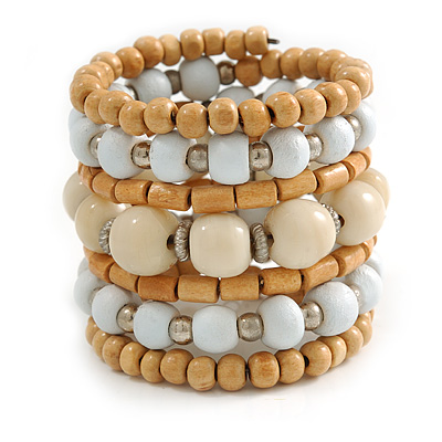 Wide Coiled Ceramic, Acrylic, Wood Bead Bracelet (Snow White/ Cream/ Natural) - Adjustable - main view