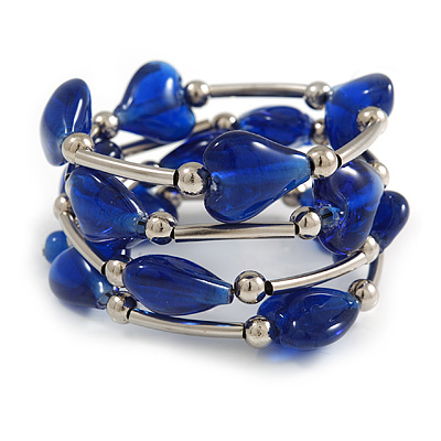 Multistrand Blue Glass Heart Bead Coiled Flex Bracelet In Silver Tone - Adjustable - main view