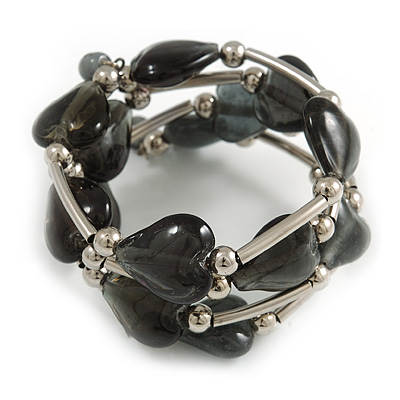 Multistrand Black Glass Heart Bead Coiled Flex Bracelet In Silver Tone - Adjustable - main view