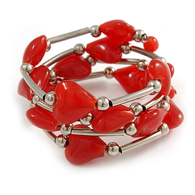Multistrand Red Glass Heart Bead Coiled Flex Bracelet In Silver Tone - Adjustable - main view
