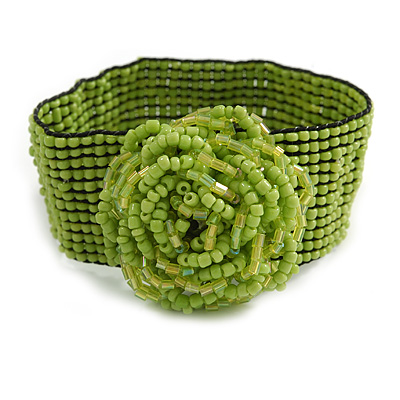 Statement Beaded Flower Stretch Bracelet In Lime Green - 18cm L - Adjustable - main view