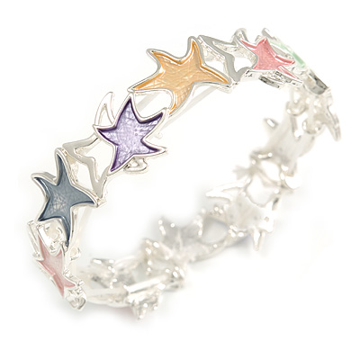 Pastel Multicoloured Enamel Starfish Flex Bracelet in Silver Tone - 20cm Long