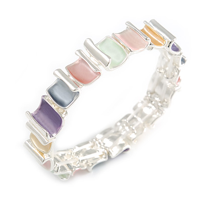 Pastel Multicoloured Enamel Curly Squares Geometric Flex Bracelet in Silver Tone - 20cm Long - main view