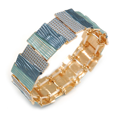 Teal Green/ Blue Enamel Geometric Hammered Flex Bracelet In Gold Tone - 20cm Long - main view