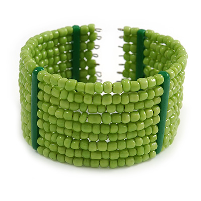 Lime Green Glass Bead Flex Cuff Bracelet - Medium