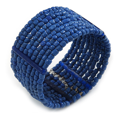 Royal Blue Glass Bead Flex Cuff Bracelet - Medium - main view
