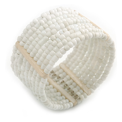 White Glass Bead Flex Cuff Bracelet - Medium