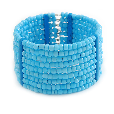 Light Blue Glass Bead Flex Cuff Bracelet - Medium