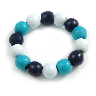 Chunky Wooden Bead  Flex Bracelet Turquoise/White/Dark Blue - M/ L - main view