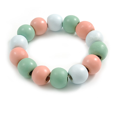 Chunky Wooden Bead  Flex Bracelet Pastel Mint/ Pink/ White - M/ L